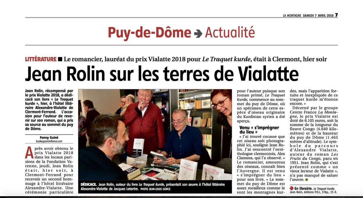 Colette_swann's tweet photo. L'article de @lamontagne_fr sur la remise du #PrixVialatte2018 hier à Clermont-Ferrand dans l'Hôtel Littéraire Alexandre Vialatte à l'écrivain Jean Rolin pour son livre "Le Traquet kurde", une très belle rencontre https://t.co/IjMUmWafLU