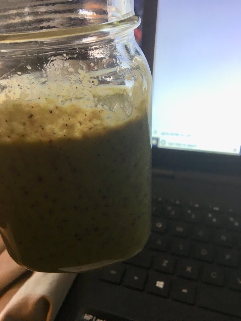 Typicalpk's tweet photo. Being sick looks like: me trying to still work and also clean my house, while looking longingly outside at the sunshine. And my guy repeatedly asking me to lay down, whilst also asking me to drink THESE.... #green #notappetizing #love https://t.co/IgxoT8ovc8