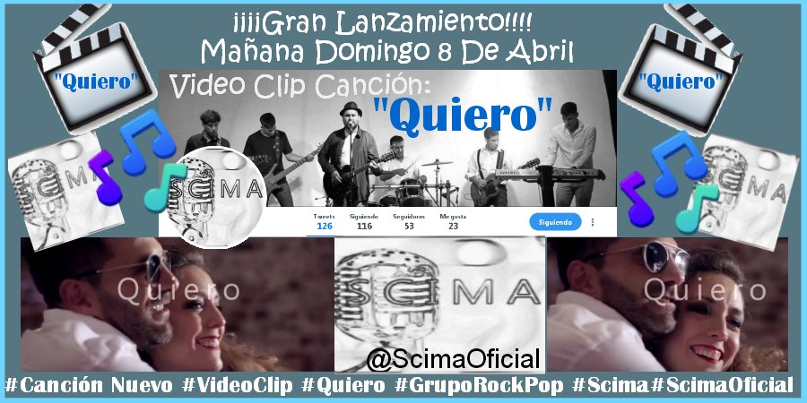 Roxanadeacuario's tweet photo. @ScimaOficial #Mañana #Domingo 8 De #Abril
¡¡¡Gran Lanzamiento De #Scima #ScimaOficial !!!🙌📡🎶🎵❣️
#Música #Nueva #Canción #Nuevo #VideoClip #Quiero 🎬🎶🎵
Con la Partipación en el #Nuevo #VideoClip #Quiero de :👇
@SantiagoCaamano @nufrederick 🙌📡🎬🎶🎵👍🙌👏❣️ https://t.co/PBsmIOFMzn