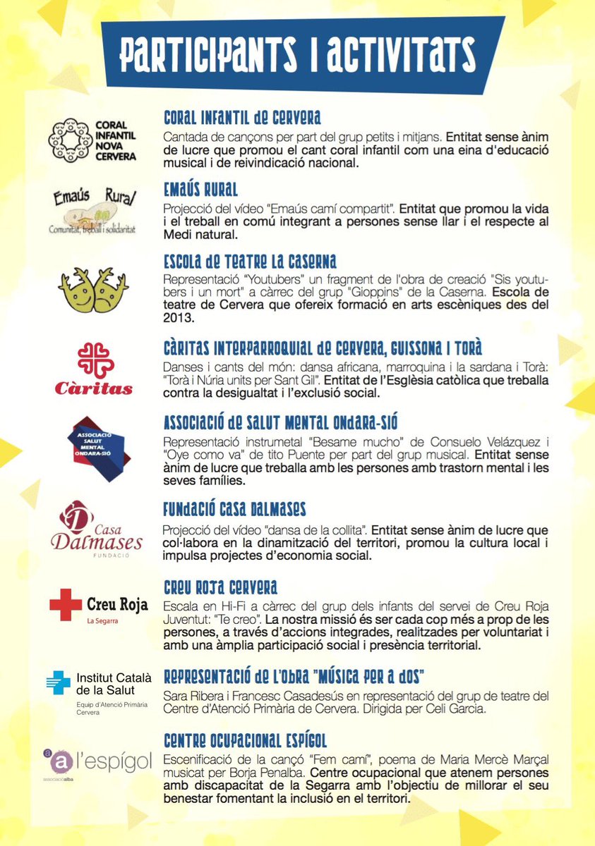 MCBmarccastella's tweet image. Avui a les 18h, #implica't per les #entitatssocials de la #Segarra! | #solidaritat #teatre #música #coral #tercersector #espectacle | @paeriacervera @SomSegarra @ComarquesPonent @loCarranquer @SEGREcom