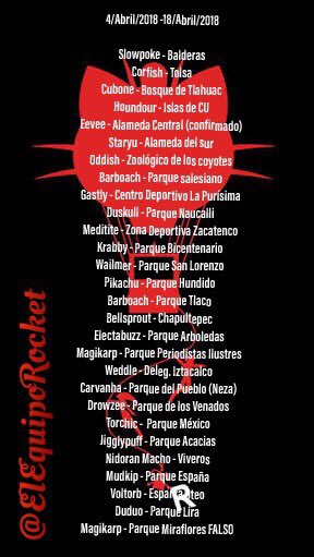 ElEquipoRocket's tweet photo. Buen día entrenadores!! Les compartimos la lista de #NidosPokémonCDMX cortesía de la comunidad de whatsapp. Tenemos nido Magikarp, Duskull y Gastly por si aún no cumplen sus misiones especiales
😎😼😎 https://t.co/5Wyzx85CLA