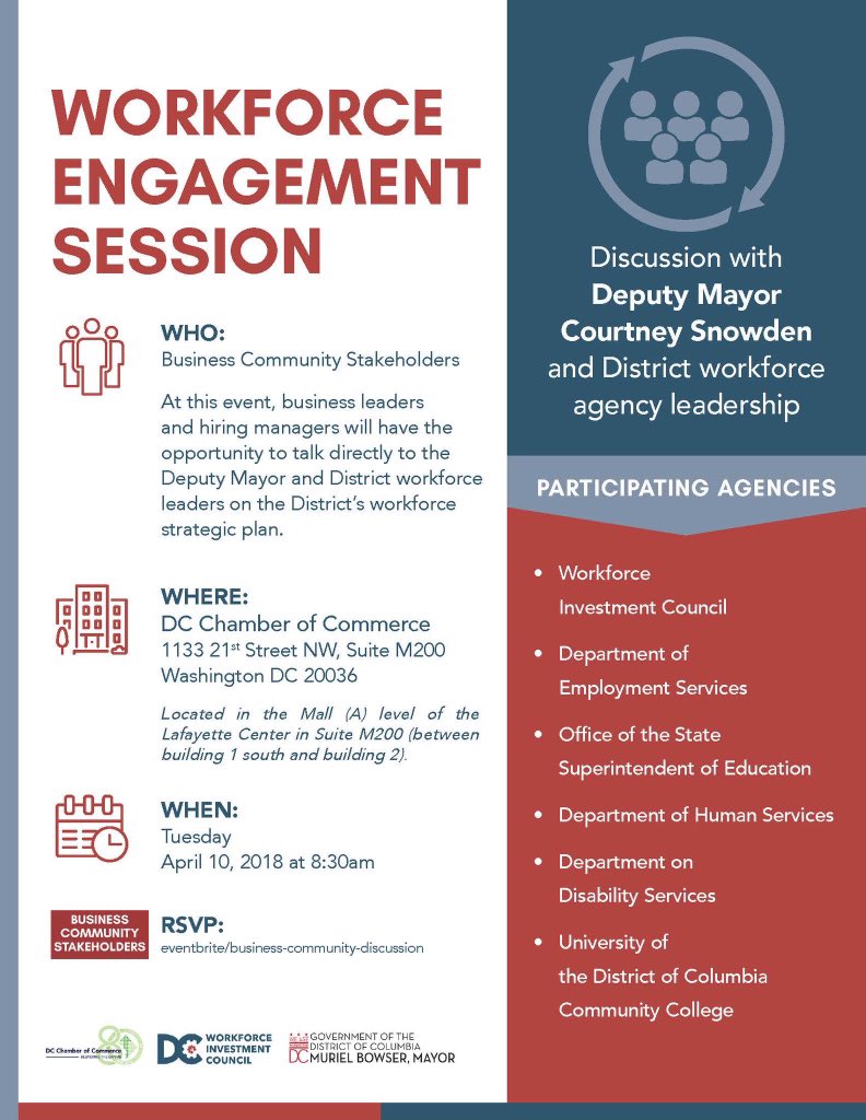 AFORD1248's tweet photo. We want to see you &amp; get your feedback on DC’s workforce strategy.   Please come &amp; meet with @DMGEOSnowden &amp; workforce leaders to discuss high-demand industries jobs.  We need your input &amp; your passion.  RSVP at https://t.co/zPBq77LRyv. @DOES_DC @dc_wic @MayorBowser. https://t.co/b0rGLRbogs