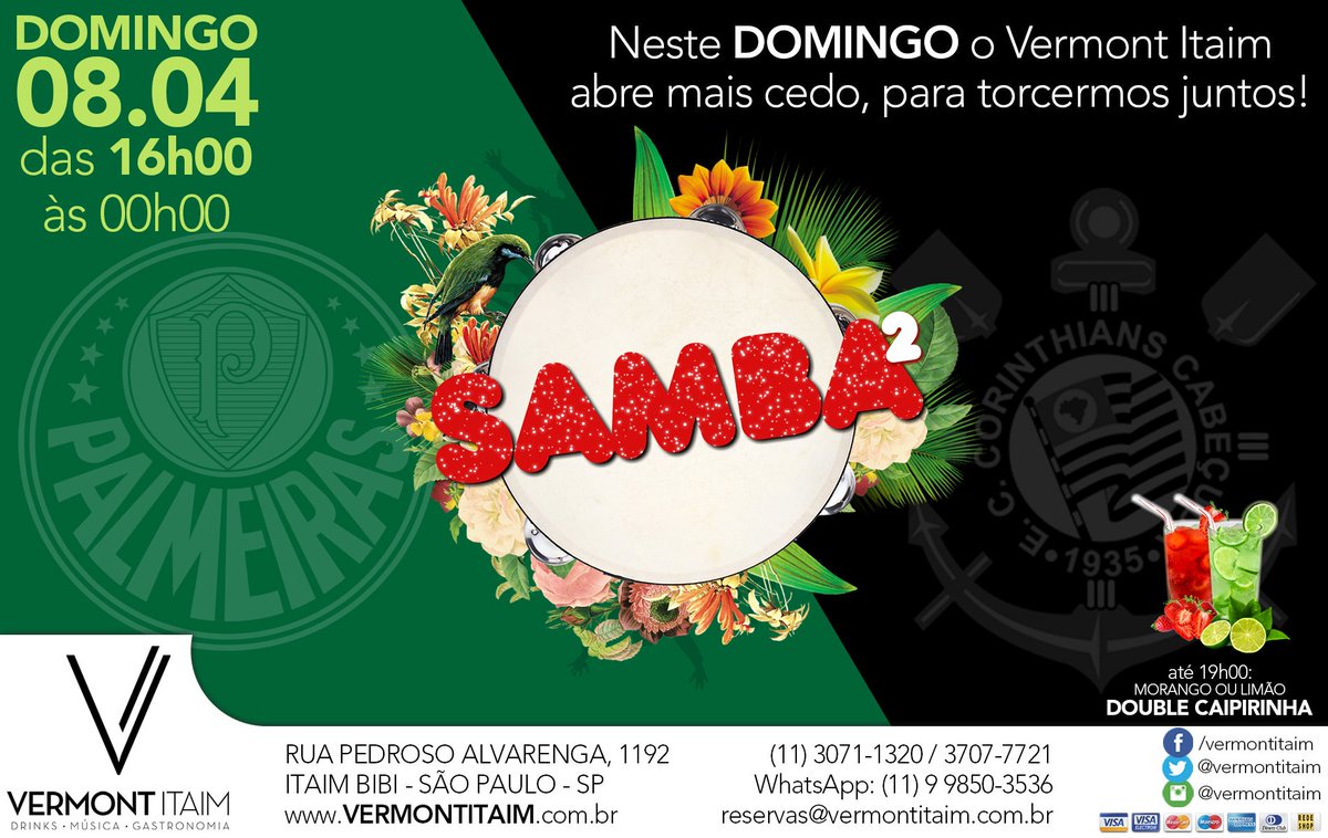 vermontitaim's tweet photo. E no DOMINGO, abriremos mais cedo para torcermos juntos na final do Campeonato Paulista. A PARTIR DAS 16H00. Depois tem muito SAMBA² com @sambaderainha &amp; @meninasressaca Participação Especial: @renatajambeiro apresentação das Passistas e na pista: @djcarolinalessa &amp; @djpamelapri https://t.co/vQSpUFpu32