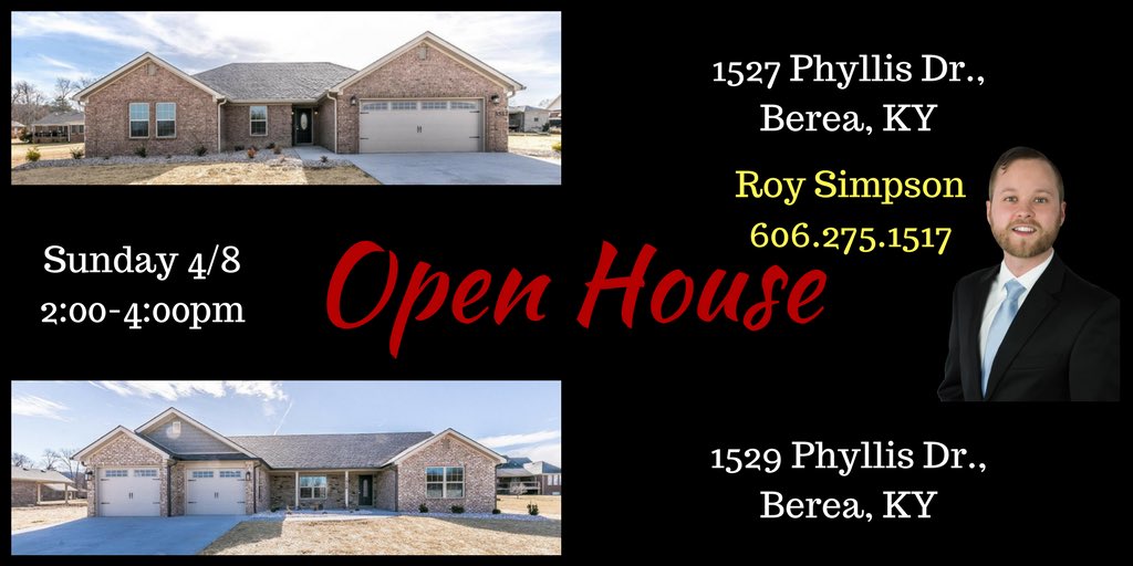 RealtorRoyKY's tweet photo. #OpenHouse Tomorrow, Sunday, April 8. 1527 and 1529 Phyllis Dr. in #BereaKY Make plans to come see me tomorrow!
•
#Kentucky #RealEstate #NewConstruction #HomesForSale #ForSale #KellerWilliams #KWGL #KellerWilliamsGreaterLexington #HouseHunting #HouseHunter #Homes #FirstTimeBuyer https://t.co/3A1LBS5U2g