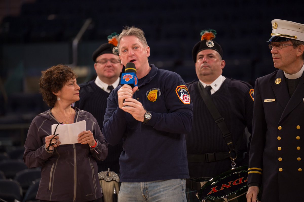 FDNY's tweet photo. #FDNY Chief of Department James E. Leonard and members attend the first-ever @NYKnicks 9/11 Memorial Stair Climb at @theGarden. Read more: https://t.co/7eavz6f6dC   #NeverForget https://t.co/NG0mQiZzPQ