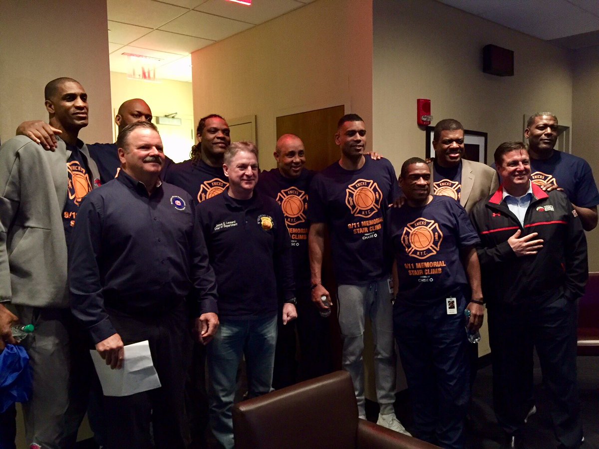 FDNY's tweet photo. #FDNY Chief of Department James E. Leonard and members attend the first-ever @NYKnicks 9/11 Memorial Stair Climb at @theGarden. Read more: https://t.co/7eavz6f6dC   #NeverForget https://t.co/NG0mQiZzPQ