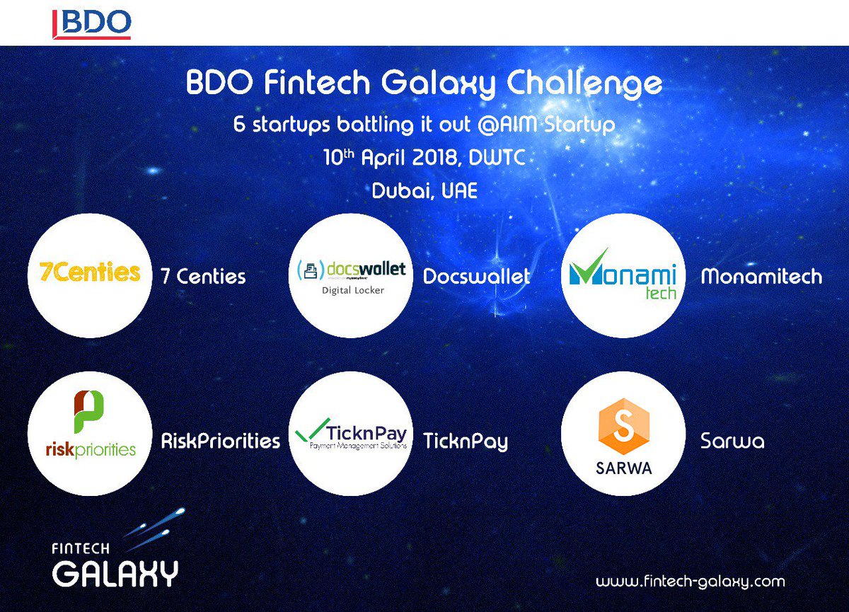 FintechGalaxy's tweet image. After a pretty tough #competition @BDO_UAE @FintechGalaxy Challenge, the #startups are set to #battle it out. Shortlisted startups will pitch in front of panels of judges on April 10th! 
Congrats to @7aweshly1 @docswallet @Monamitech01 @RiskPriorities @SarwaSocial @ticknpay