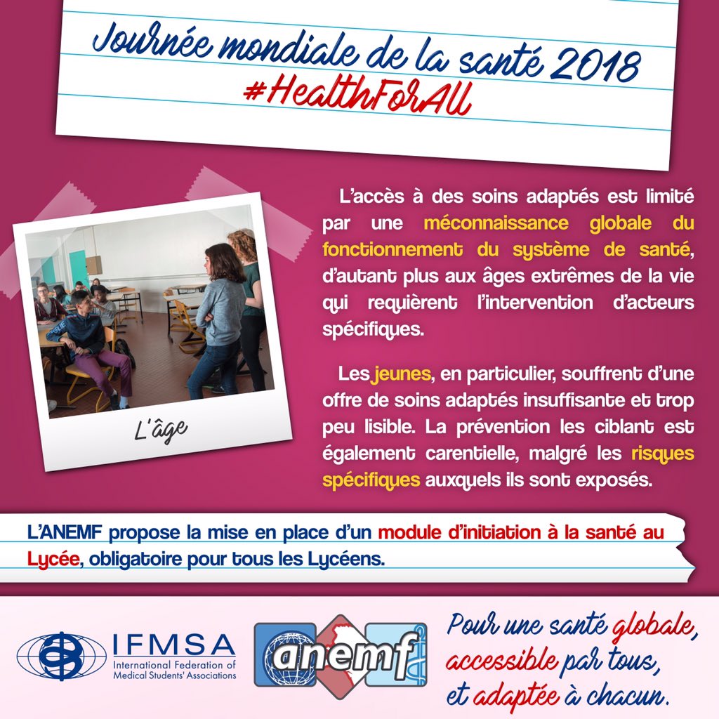 ANEMF's tweet photo. 🇫🇷 | Pour permettre à chaque citoyen de devenir acteur de sa #santé, l’ANEMF propose un module au lycée !
🇬🇧 | To allow every citizen to take ownership of their #health, ANEMF calls for a health course in high school !

#WorldHealthDay2018 cc @IFMSA @WHO @WHO_Europe https://t.co/5xpiXG8EZJ