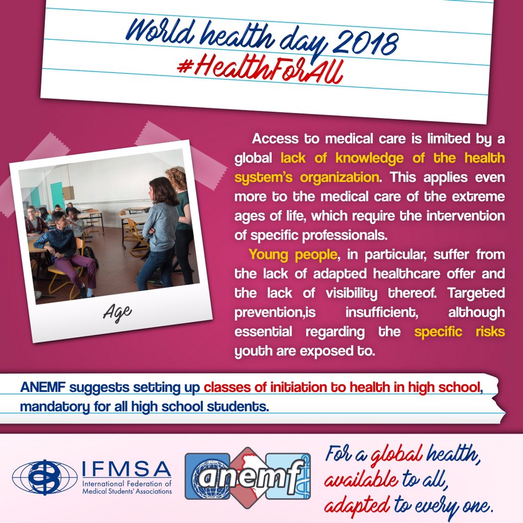 ANEMF's tweet photo. 🇫🇷 | Pour permettre à chaque citoyen de devenir acteur de sa #santé, l’ANEMF propose un module au lycée !
🇬🇧 | To allow every citizen to take ownership of their #health, ANEMF calls for a health course in high school !

#WorldHealthDay2018 cc @IFMSA @WHO @WHO_Europe https://t.co/5xpiXG8EZJ