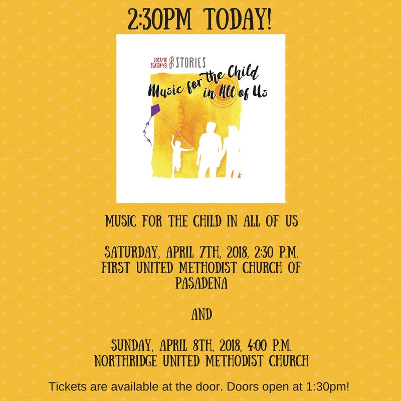 Join us today for Music for the Child in All of Us. Doors open at 1:30pm so you can check out our online auction items! 

*Online ticket sales are closed, but tickets are available at the door! Hope to see you there!

#angeleschorale #fumcpasadena #musicforthechildinallofus