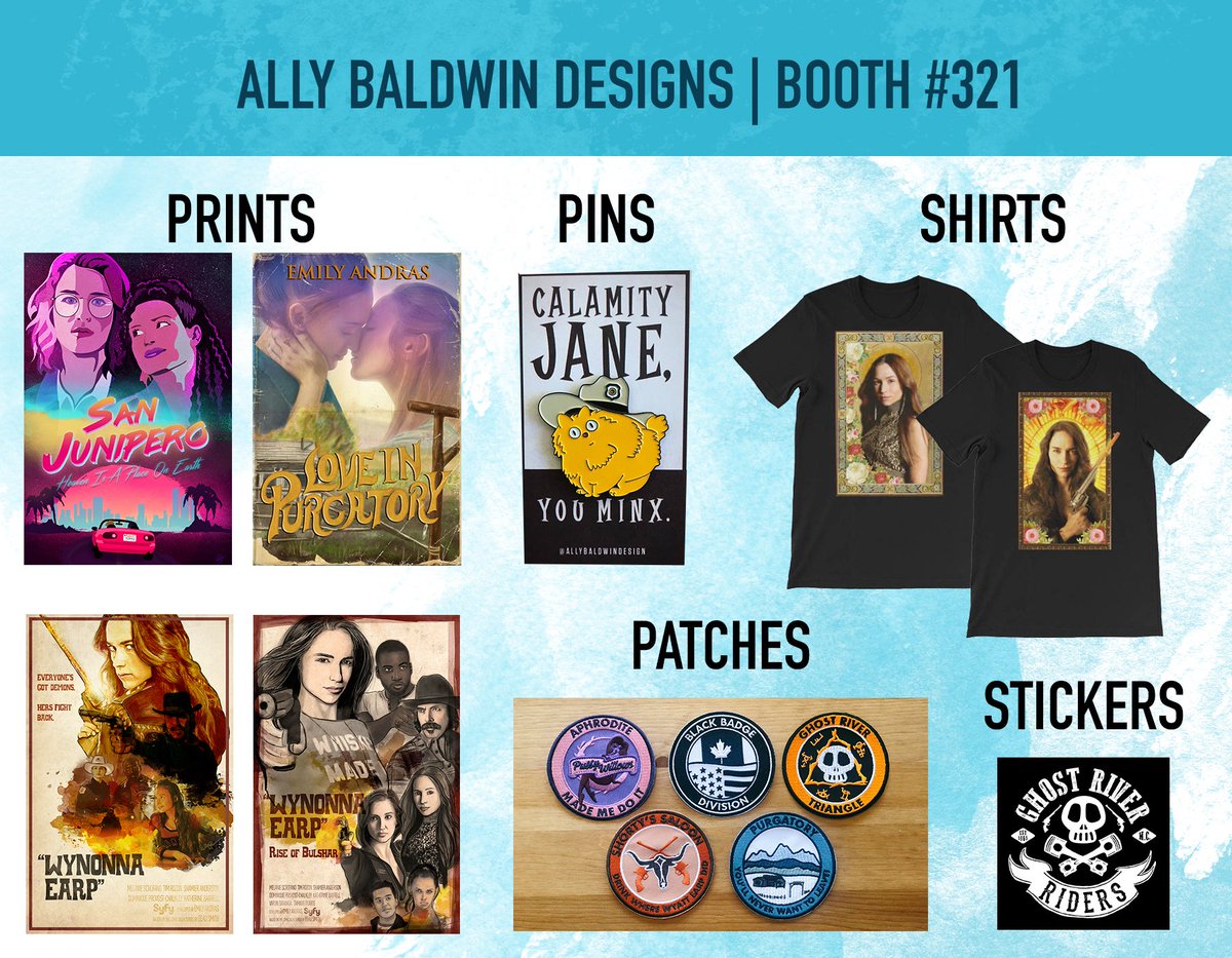 Ally_Baldwin's tweet photo. Good Morning #ClexaCon! I ran out of some of my stock yesterday, but all prints are now restocked! Including my San Junipero poster. Here's everything else I'll have at my booth today. Or just come by to say hi! https://t.co/1BQZ9onAQp