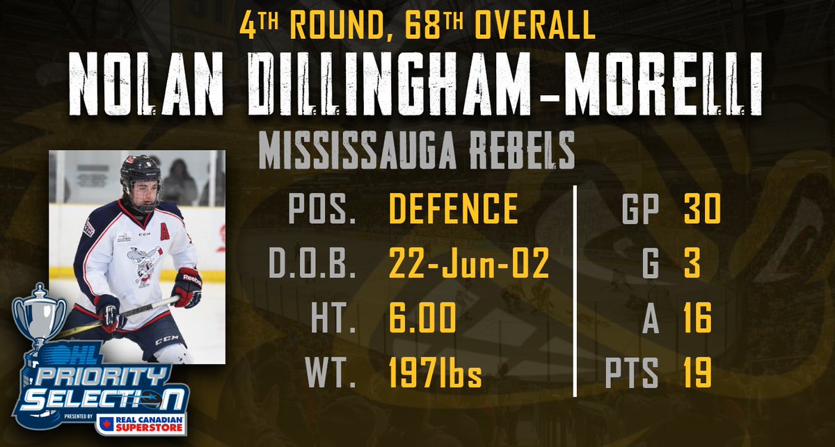 StingHockey's tweet photo. ROUND 4 PICK 69 | The Sarnia Sting are very pleased to select from the Mississauga Rebels D-man Nolan Dillingham- Morelli! Welcome to #StingNation Nolan! 

#OHLDraft | #StingFamily https://t.co/yfnggftgj2