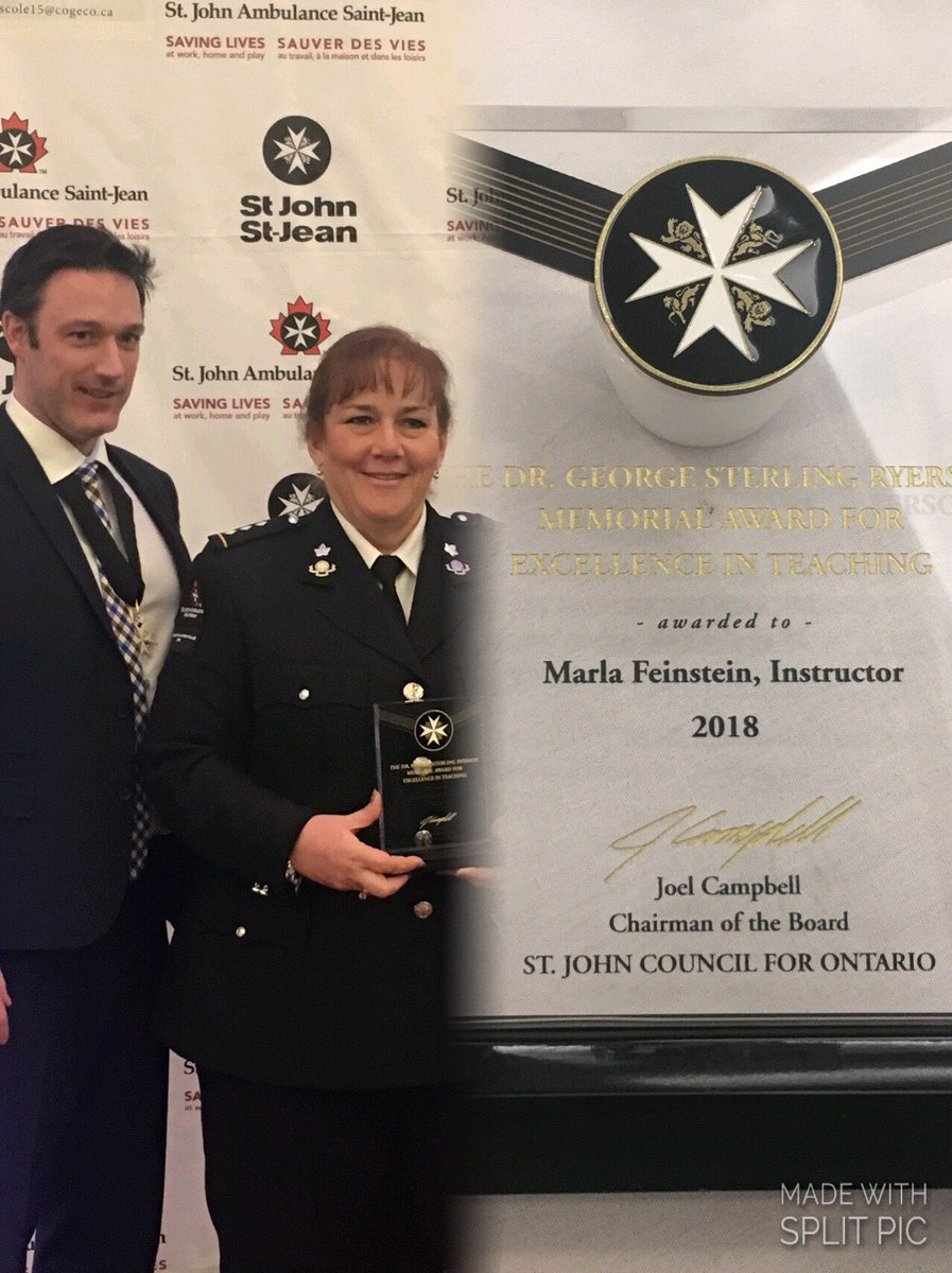 SJA_York's tweet photo. #YorkRegion Branch @SJA_York Marla Feinstein MFR Chief / Instructor is honored with the "Excellence in Training" at the #StJohnAmbulance #Canada @SJAOntConf #Ontario 2018 Annual Conference #SJAPOPF awards dinner with Paul Philip Clarke, Chancellor of the Priory of Canada. https://t.co/LiwzIUGzpl