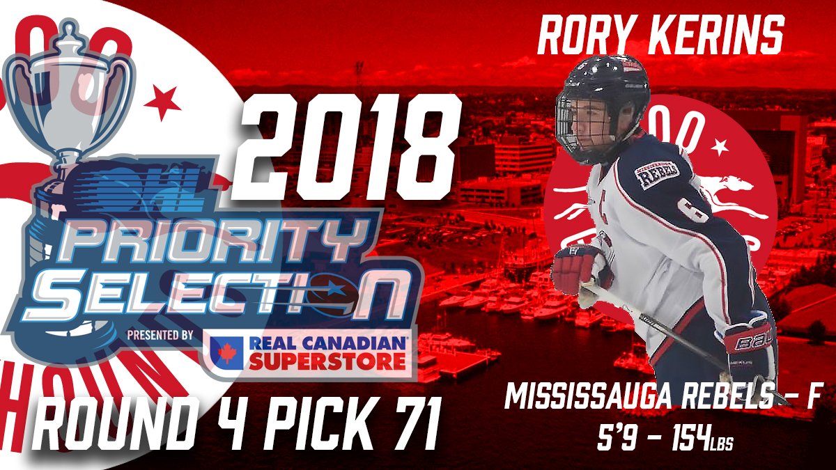 OHLHoundPower's tweet photo. With the 71st overall pick in the 2018 OHL Priority Selection, the Soo Greyhounds are pleased to select @Kerinssy_6 from the Mississauga Rebels. Welcome to the team, Rory! #OHLDraft https://t.co/EDpRMA1QRS