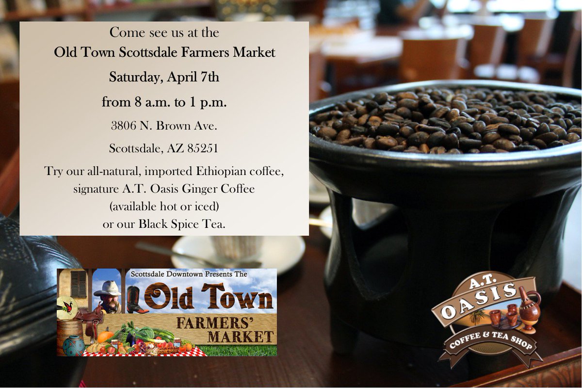 atoasis1's tweet photo. Looking for your morning A.T. Oasis? Head down to the Old Town Farmers Market in Scottsdale where we're ready with a cuppa and a smile. #Scottsdale #farmersmarket #atoasiscoffee #OldTownScottsdale https://t.co/xrmVorxz9P