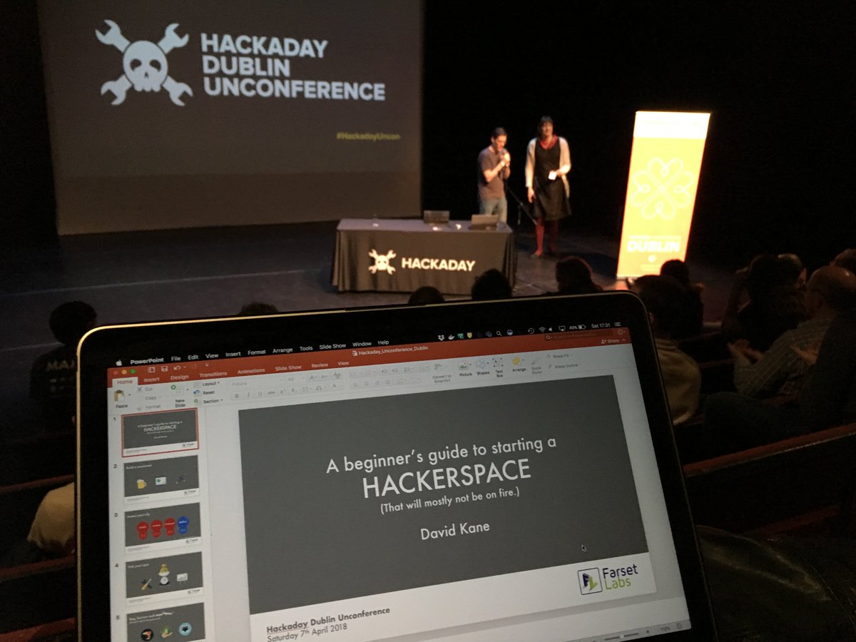 dsrkane's tweet photo. Managed to finish my quick talk on building a hackerspace* for @hackaday's Dublin Unconference. Great day so far in @projectarts, sponsored ably by @DesignSparkRS. Looking forward to the rest of the #HackadayUncon!
(*Can't guarantee the resulting hackerspace won't be on fire.) https://t.co/LGEHuZmdpQ