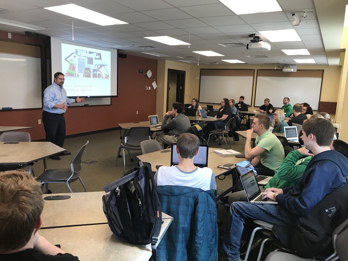 LauraBrickson's tweet photo. So great for @teacherscribe Kurt Reynolds to come and speak to both of my classes yesterday at UND! Getting future teachers pumped up for teaching the next generation! #livingthedream #teacherscribe #trf #UNDProud @ProwlerBlueCrew @ProwlerPost #pineconepd @UNDArtSci @LHS_TRF https://t.co/gUeaifT7vb