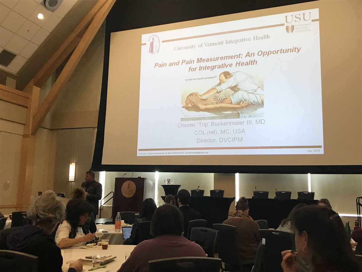 UVMPattyPrelock's tweet photo. Col. Chester ‘Trip’ Buckenmaier shares his perspective on pain management @uvmcnhs @uvmvermont #integrativepain management conference. Thank you for your service and knowledge contribution to #integrativepain management. https://t.co/d4sX7GD4tz