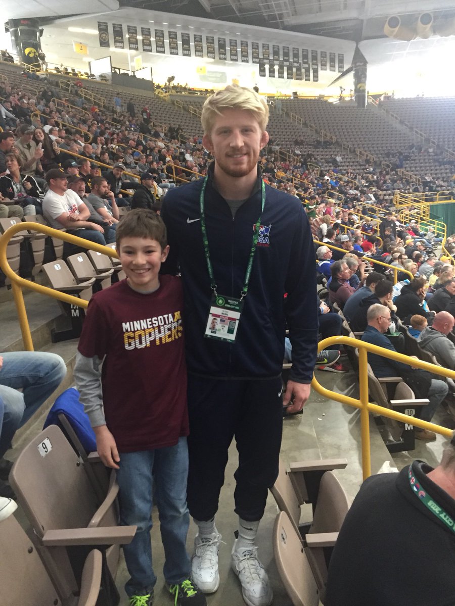 EdinaWrestling's tweet photo. Edina youth wrestler Troy Doroff meeting Penn St. National Champion Bo Nickal (@NoBickal) at the Freestyle World Cup! https://t.co/spZDUWh8d0