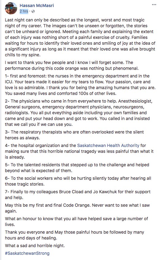meganspecia's tweet photo. a heartbreaking post from one of the doctors who treated the victims of the Humboldt Broncos bus crash https://t.co/oNlwl061oo