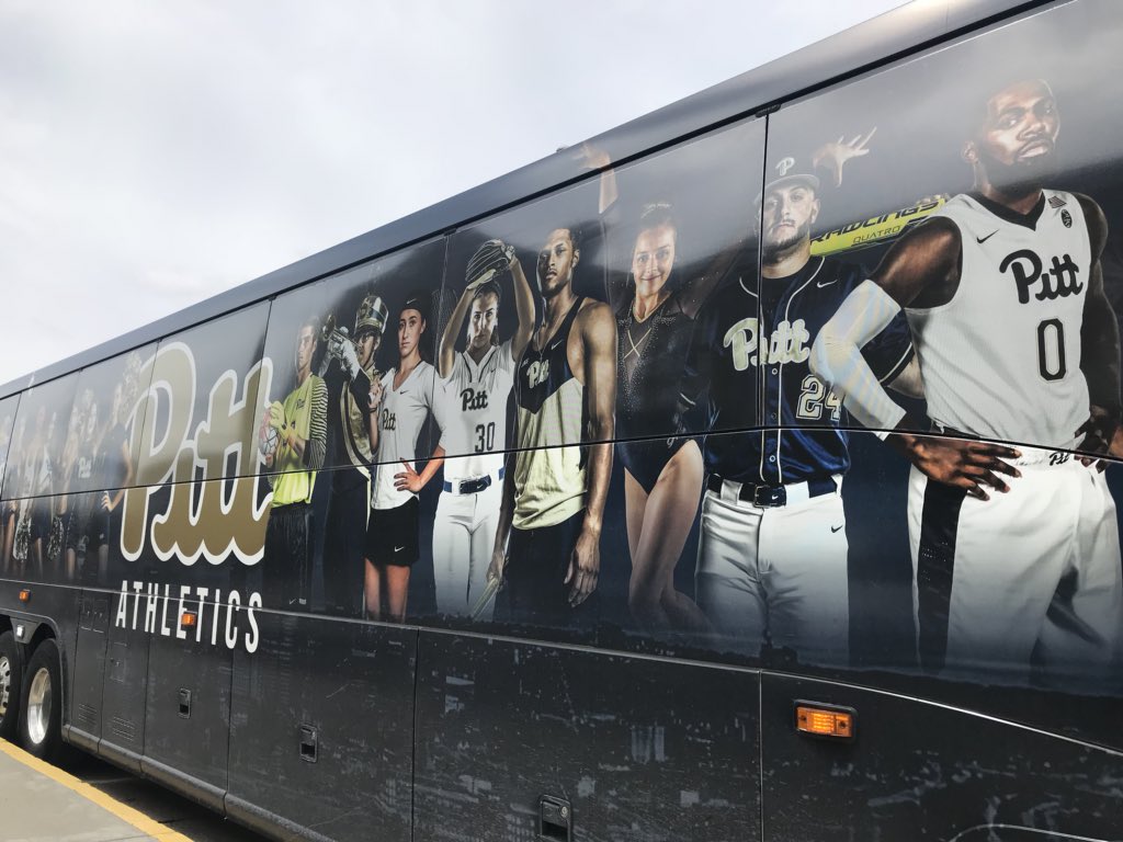 Pitt_ATHLETICS's tweet photo. 👀👀👀

New bus wrap making its first appearance!🚍

@Pitt_GYM fan bus is off to Columbus to support the Panthers at NCAA Regionals tonight!

#H2P #HailAsOne https://t.co/amjWuy3kjI