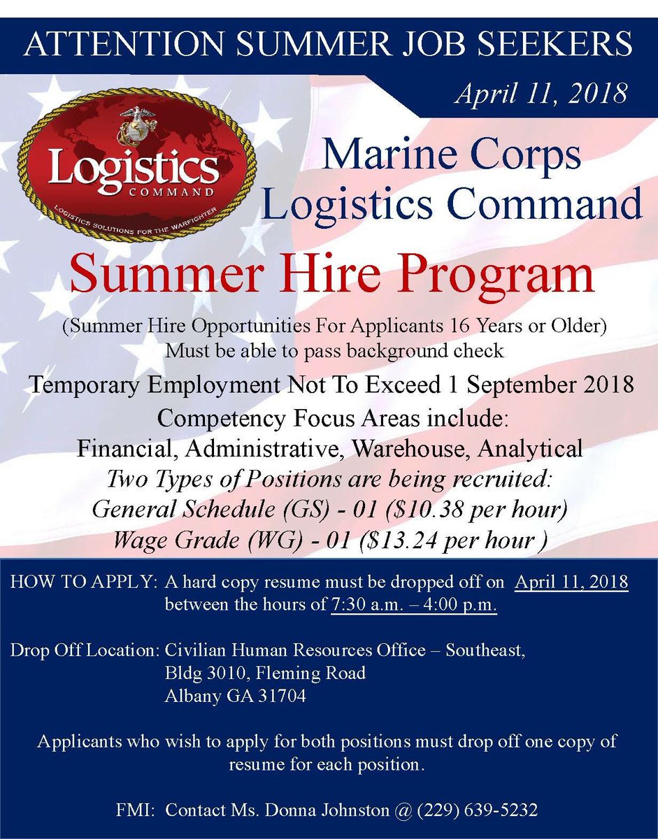MCLBAlbany's tweet image. Special Announcement:

Summer hire applications for jobs at Marine Corps Logistics Command and MCLB Albany will be accepted in person for one day only, Wednesday, April 11. Please see the flyer attached for details and contact number for questions.