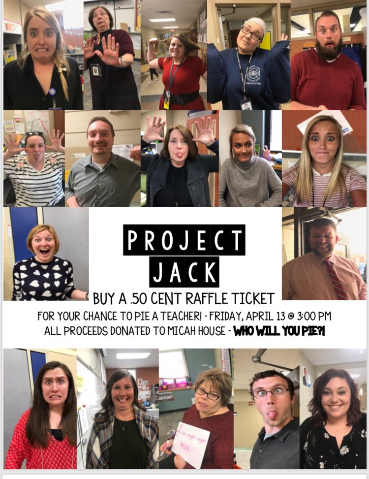 Ms_HeatherDavis's tweet photo. Next week students can buy a raffle for a chance to pie a teacher to raise money for the Micah House Shelter! #payitforward #projectjack #raffle #KidsDeserveIt https://t.co/tXPMTTBJsc