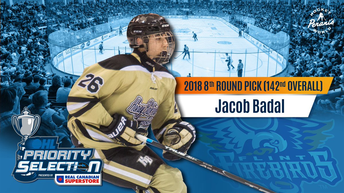 FlintFirebirds's tweet photo. With the 142nd overall pick in the 2018 #OHLDraft, the Firebirds select Flushing, Mich. native &amp; defenseman Jacob Badal (@JacobBadal26) from the Detroit @HoneybakedHC. Welcome to the Firebirds Jacob! @16u_Honeybaked https://t.co/0qqBMszLG7