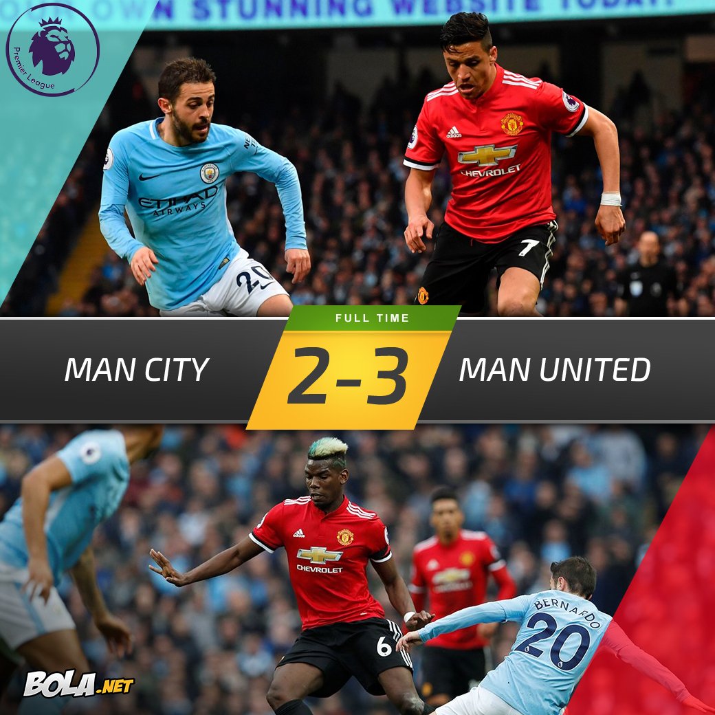 Bolanet's tweet photo. #LiveBolanet FT: Man City 2-3 Man United (25' Kompany, 31' Gundogan ; 53'55' Pogba, 69' Smalling) | Possessions: 65%-35% | Shots: 16-5 | Tackles: 9-11

Setan Merah Berjaya Di Etihad Stadium, Man City gagal kunci Gelar EPL https://t.co/ImhnPqjizw