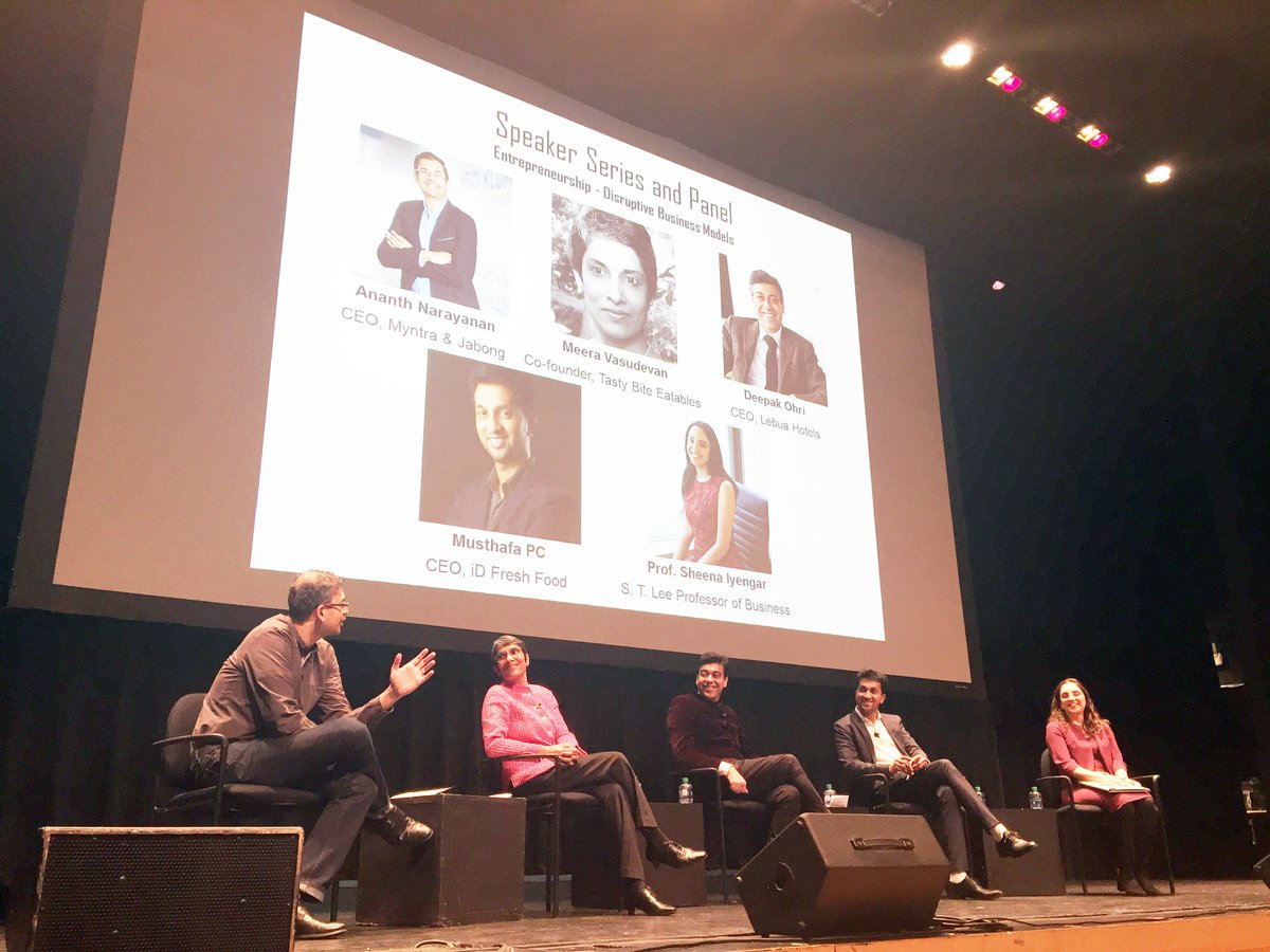 Columbia_Biz's tweet photo. "You shouldn't be part of the tribe if you want to be an entrepreneur." - Deepak Ohri | @CBSIBC continues with a panel on Indian entrepreneurship and innovation. L to R: @ANarayanan24, Meera Vasudevan, @DeepakOhri, @Musthafa_PC + moderator Prof. @Sheena_Iyengar. #CBSAtTheCenter https://t.co/8Yt0ibtOU2