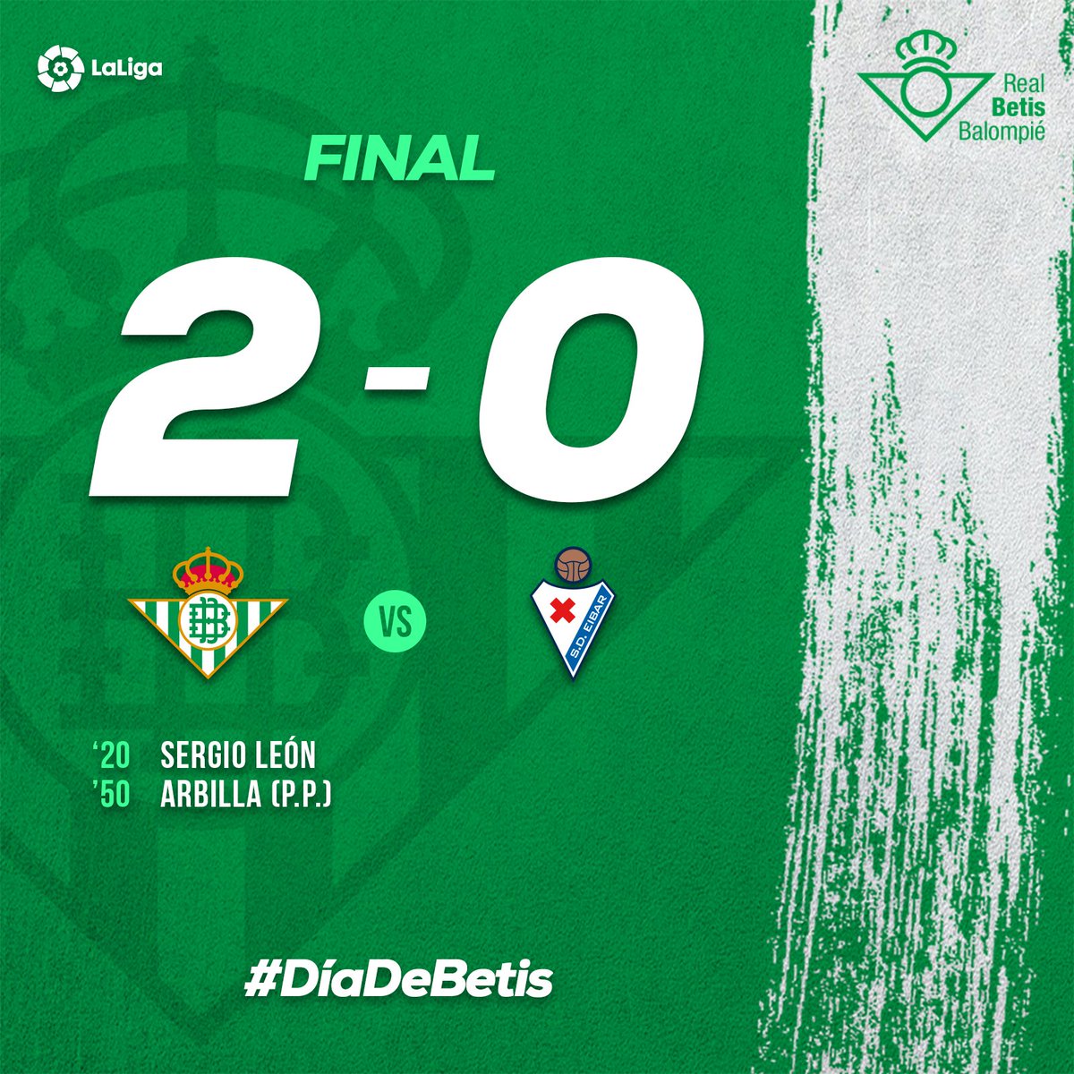 RealBetis's tweet photo. 94' ⏱⚽️ ¡¡FINAAAAAAAAAAAAAAAL DEL PARTIDO!! 👏👏👏 ¡Victoria verdiblanca en el Benito Villamarín! 😍

💚⚪️ #RealBetisEibar 2-0 🔴🔵

#DíaDeBetis https://t.co/Kme9Bv2fsZ