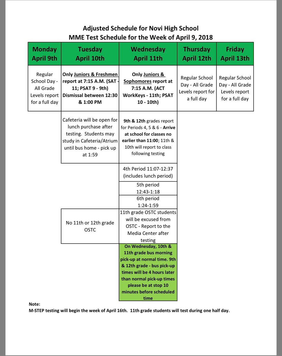 Welcome Back, Wildcats! Below is schedule for the week. Remember to get a good night sleep,healthy breakfast, bring a few number 2 pencils, calculator &amp; an open mind ready to dominate! Refer to Khan Academy to prep. WE believe in you! <a href="/NoviStuCo/">Novi Student Council</a> <a href="/NCSD/">Novi Community School District</a> <a href="/docsmatthews/">Steve Matthews</a> @NoviAcademics