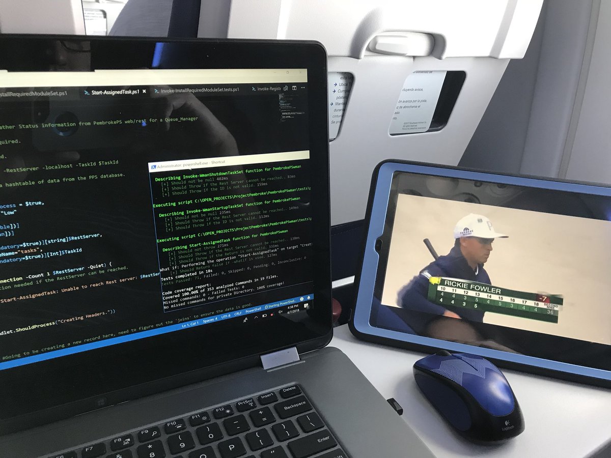 jpsider's tweet photo. Putting some final touches on some #Powershell code before the @PSHSummit #PSHSummit oh and watching the @TheMasters #NailedIt #onemoreleg thanks for the free TV @SouthwestAir @PSPester #TestsPassed https://t.co/eKf2J13yAE