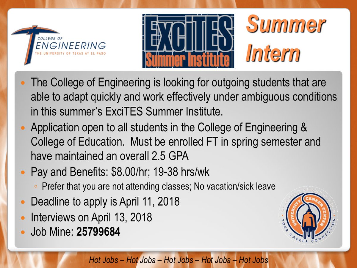 utepstemgrow's tweet photo. 🚨 INTERNSHIP ALERT! 🚨

The College of Engineering is looking for motivated students for this summer's ExciTES Summer Institute. The internship is PAID! See the flyer below for more details. ⛏️

APPLICATION DEADLINE: April 11th, 2018

Apply on JobMine Today! https://t.co/IMIvi4Q7gG