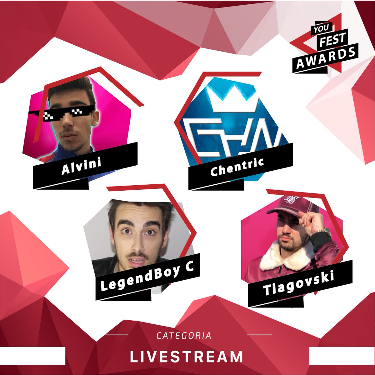 Na categoria de Livestream, os canais nomeados foram <a href="/alvini98/">Alvini</a>, <a href="/Tiagovski555/">Tiagovski</a>, <a href="/legendboycc/">Carlos</a> e <a href="/Chentric/">chentric</a>. Não percas tempo e vota já no YouTuber que achas que deve receber o prémio! ;-) Sabe mais em youfestawards.pt/gala/
#youfestawards #yfa2018