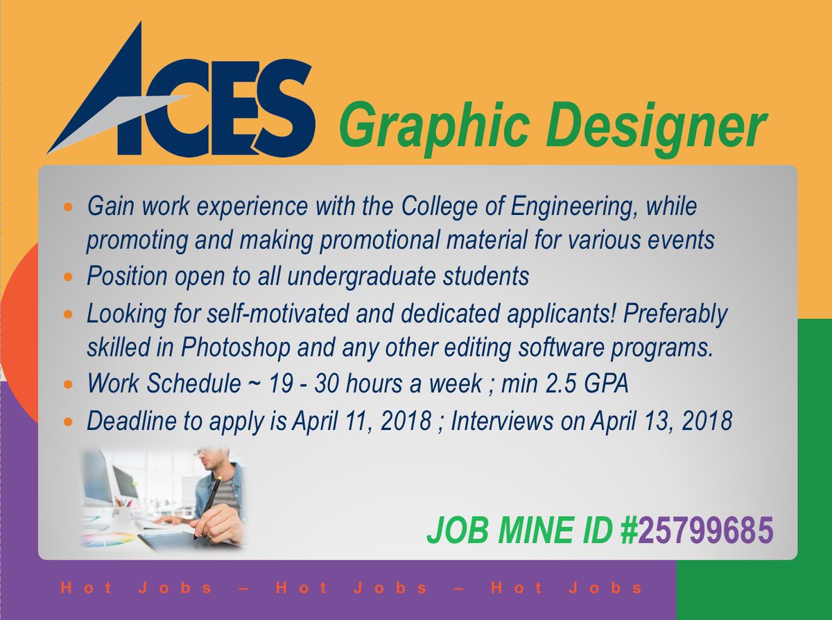 utepstemgrow's tweet photo. 🚨 JOB ALERT! 🚨

The College of Engineering is looking for a Graphic Designer! The position is open to ALL UNDERGRADUATE STUDENTS! See the flyer below for more details. ⛏️

APPLICATION DEADLINE: April 11th, 2018

Apply on JobMine Today! https://t.co/CbMd0IZIxG