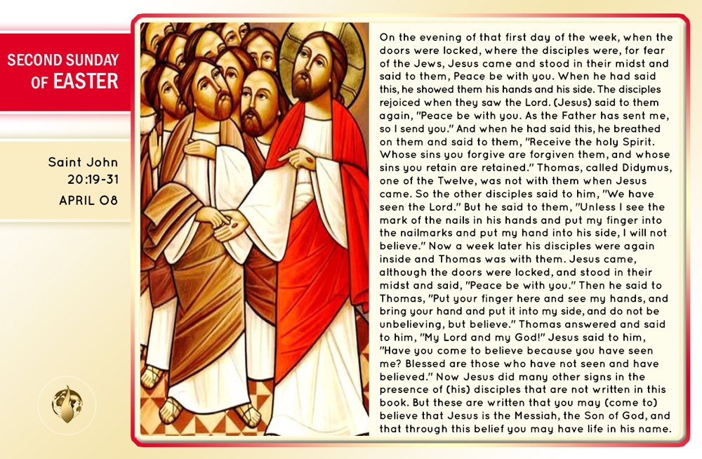 #DailyGospel Second Sunday of Easter
Jesús said to Thomas, "Put your finger here and see my hands, and bring your hand and put it into my side, and do not be unbelieving, but believe." #Sunday