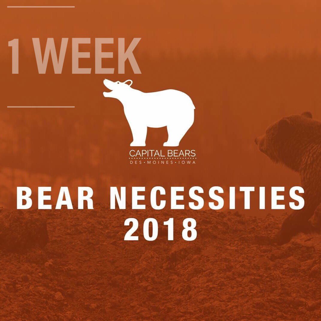 BearsDSM's tweet photo. 1 Week to go...
Event link in bio.
#bearnecessities18 #CapitalBear
#Gay #GayBear #LGBTQ #LGBT #InstaGay #GayCommunity #GayCub #BearCommunity #Community #DesMoines #Grrr #LGBTCommunity #IA365 #Iowa #BearsofDesMoines #BearsofInstagram #🐻 #Bear #Bears #🌈 #Midwest #Pride #GayEvents https://t.co/OBCEASSzcg