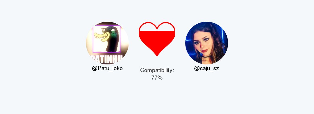 Patu_loko's tweet photo. My love compatibility with @caju_sz is 77%

Calculated with https://t.co/btMMXnP5Gk

. https://t.co/icvoP504YP