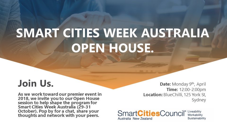 adambeckurban's tweet photo. It's happening today - the Smart Cities Week Australia Open House: 12-2pm in Sydney at BlueChilli (125 York Street).
Drop in and check out the draft program, and the smart cities award categories.
#SWAus https://t.co/9xxo2kjhyt