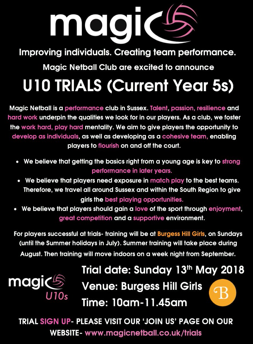 MagicNetball's tweet photo. At Magic Netball we are so excited to announce we will be hosting trials for our new U10 team on the 13th May! This team will start training in preparation for competition from September. Please share with your friends! #magicnetballclub #spreadingthemagic #netball https://t.co/AzPdbpz1oY