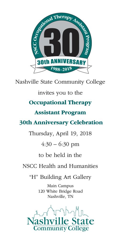 NSCCFoundation's tweet photo. Next week the NSCC OTA program celebrates 30 years of program awesomeness! Come join us to celebrate the great things NSCC alumni are doing in Middle Tennessee.
#nsccfamily #nsccfoundation #nashvillestate #OccupationalTherapy #NSCCalumni https://t.co/cxIQ7V3fs6
