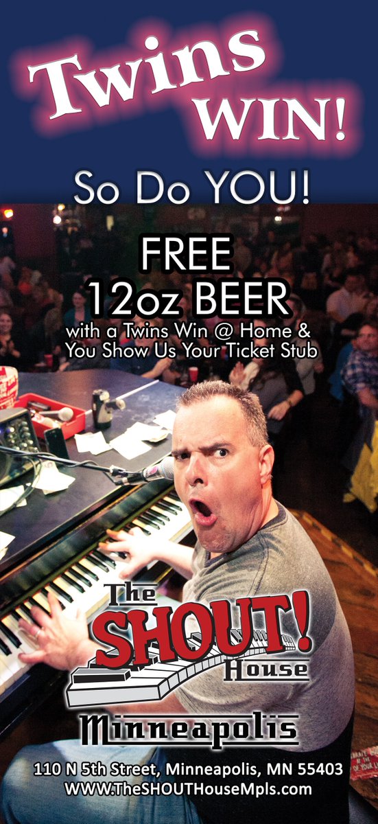 Open @ 3pm today For the Twins Game
$5 Crown | $2 off Local Taps
Pianos @ 6:30 

#Twins #TwinsWin #NoCover #DuelingPianos #OpenEarly #LiveMusic #DrinkSpecials #BabyGotBack #ShoutHouseMpls #GetHere #MLB #GoTwins #RockYouLikeAHurricane #LiveMusicMN #LiveMusicMinneapolis #FreeBeer