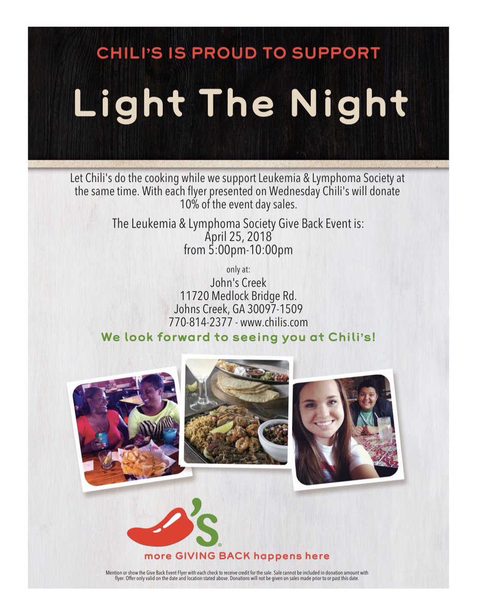marcirisner's tweet image. Come out to Chili’s Johns Creek on Wednesday, April 25th. Just bring this flyer and 10% of sales will go to the Leukemia &amp;amp; Lymphoma’s Light The Night event. I’ll be there from 5-10pm. Hope to see you there.