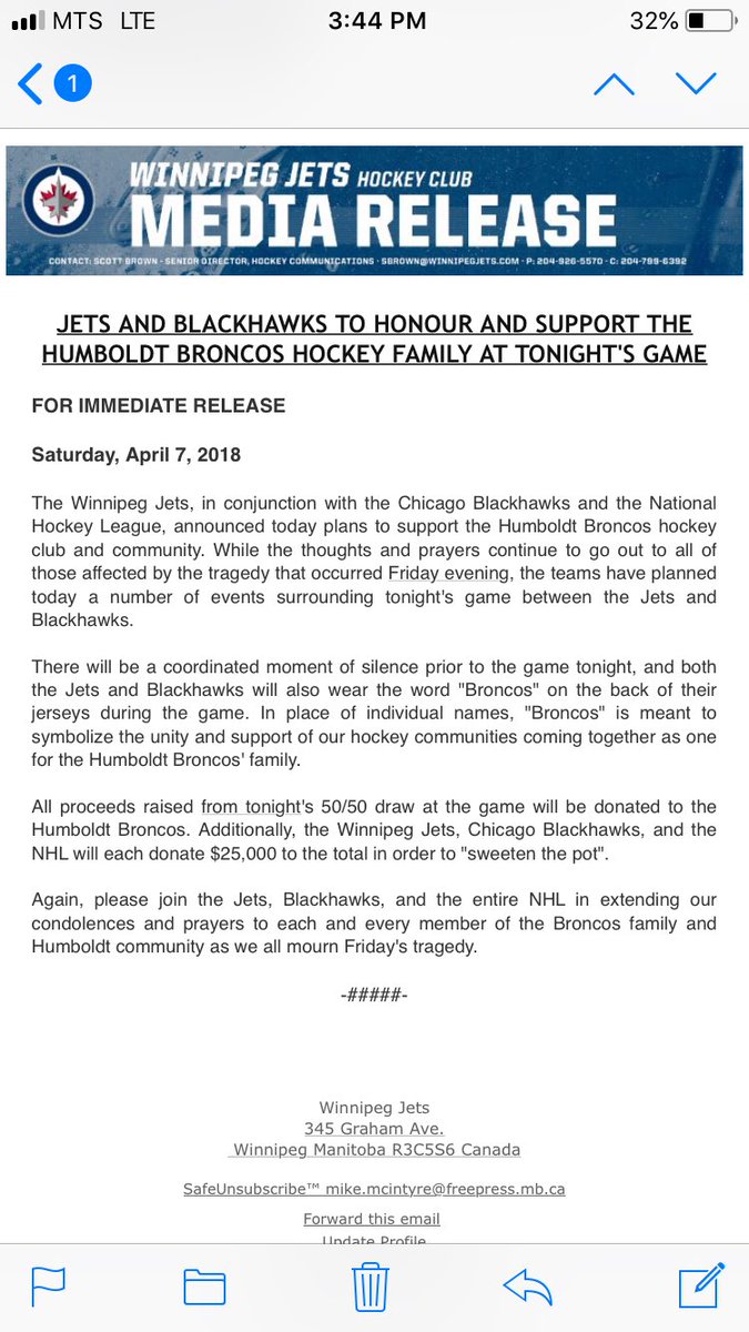 mikemcintyrewpg's tweet photo. #NHLJets, Chicago Blackhawks to replace individual names with “Broncos” on backs of jerseys for tonight’s game. All proceeds from 50/50 donated to Humboldt Broncos. Jets, Hawks, NHL to donate $25,000 each to boost the pot. #wfp https://t.co/YSArzEbw0F