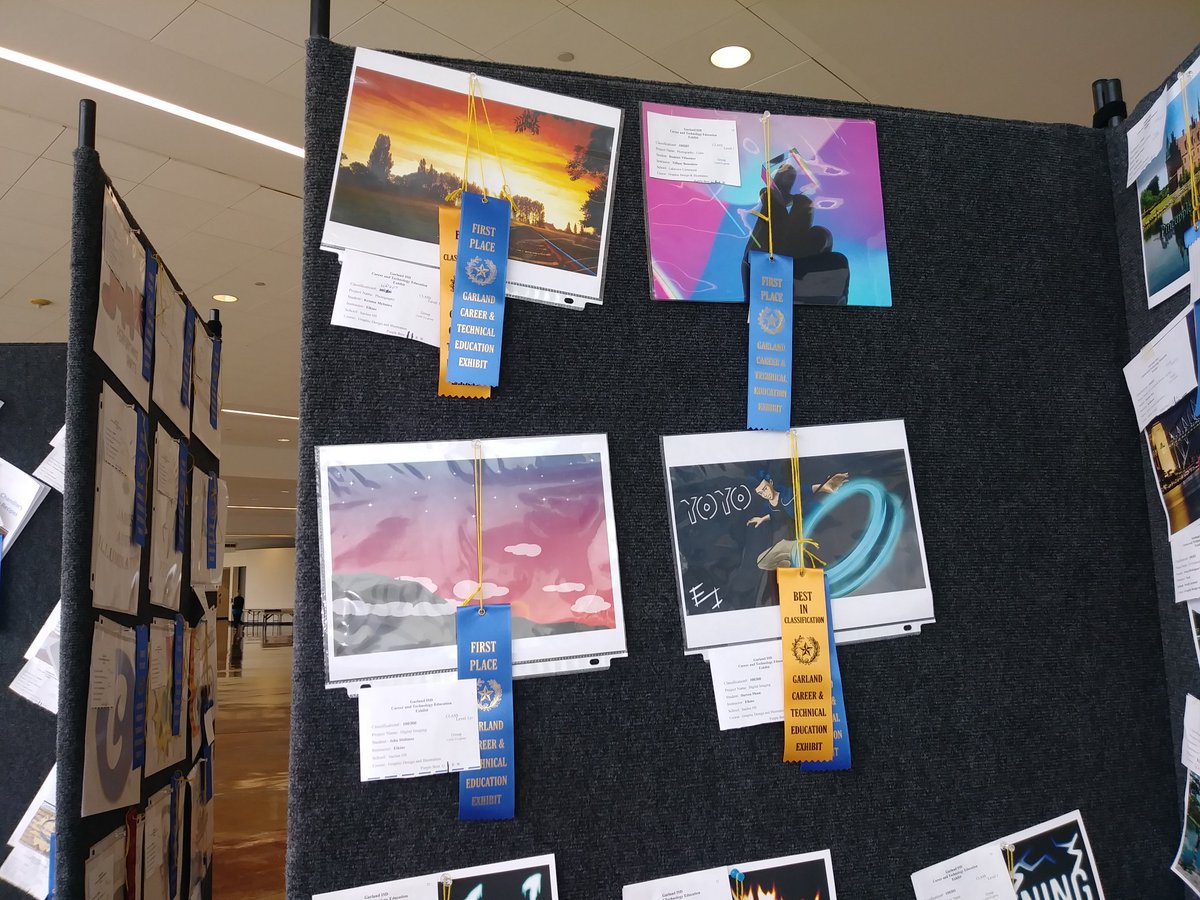 LCHSBenedetto's tweet photo. I could not be any prouder of my students. At the CTE Art Exhibit I see lots of blue ribbons but some of my kiddos even got best in classification and best in disctrict ribbons!! How exciting!! #ProudTeacherMoment #GettingTearyEyed #SoProud https://t.co/uanUunaRPw