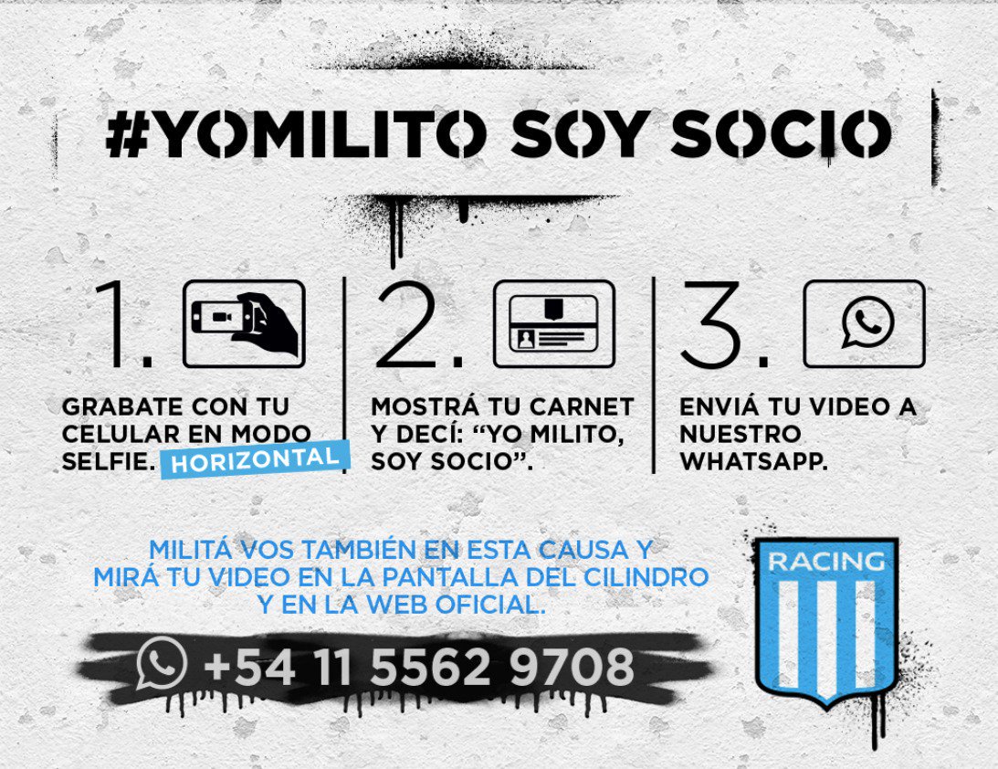 Entrá en racingclub.com.ar/yomilito/ y mirá los primeros videos que nos enviaron los socios por Whatsapp al +541155629708.

Ellos saldrán mañana la pantalla del Cilindro, participá vos también! 

Si enviaste tu video, pronto vas a verlo en la pantalla y la web.

#YoMilito soy socio