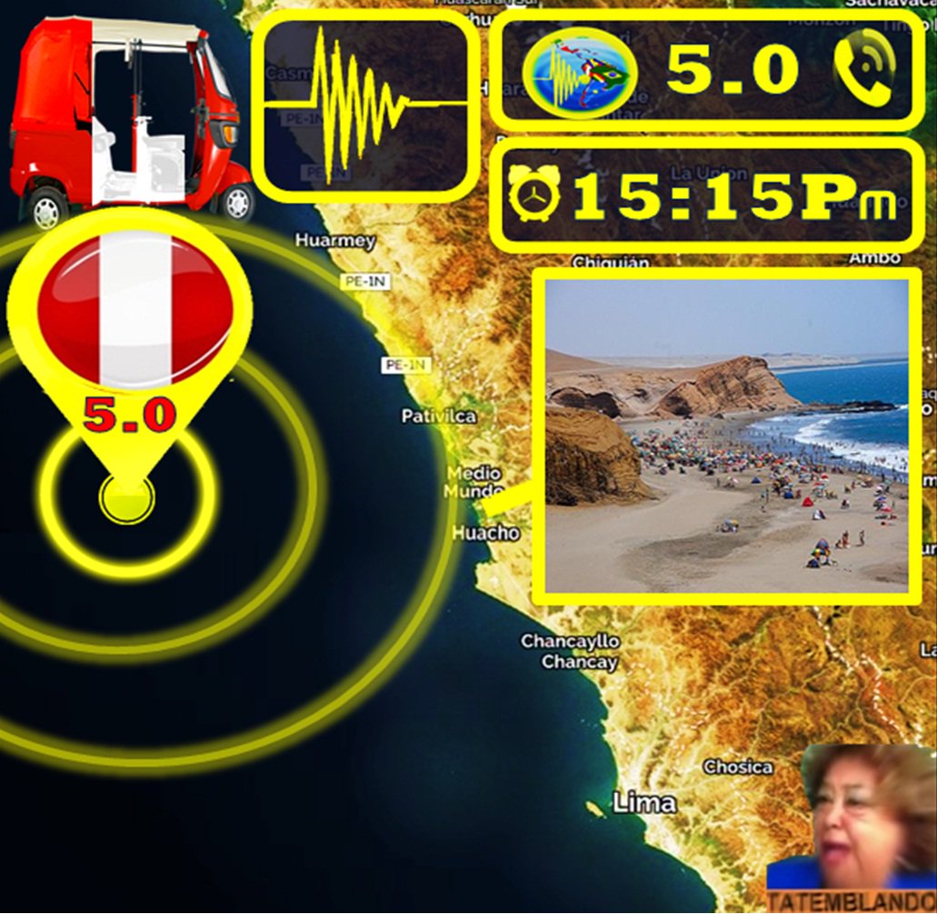 elluchin1's tweet photo. 🇵🇪➡#Temblor 5.0 #Sismo #FelizSabado
15:15 PM H/Peru 🇵🇪
➡Referencia a 105 Km al Oeste de #Barranca
#Huacho
#LasZorras #Paramonga 
D. de #Lima
#Peru 
#TorneoCentenario #6YearsWithEXO
#GinoAPilarRojo San Marcos 3 Reyes #SabadodeGanarSeguidores https://t.co/3Xb8rbc6LO