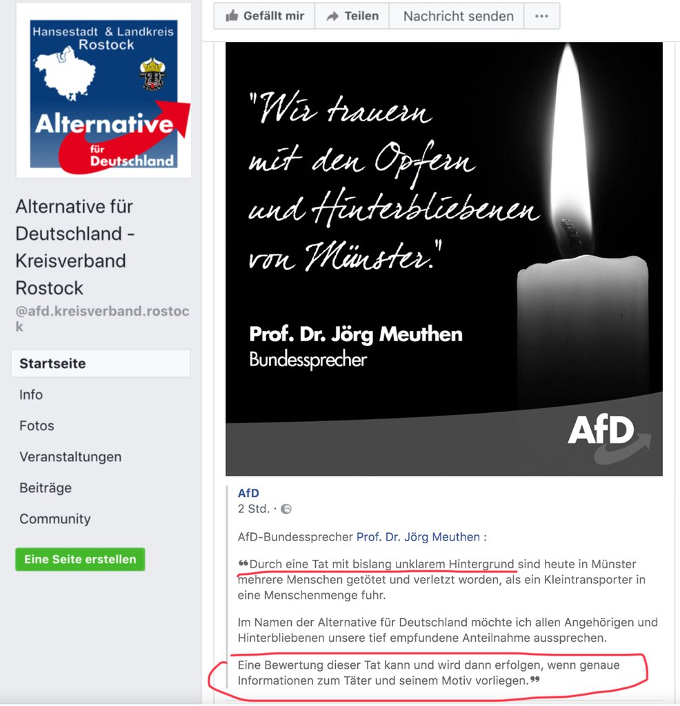 DerNorb's tweet photo. Der Kreisverband der #AfD #Rostock, vertreten durch Volker #Litke und Stephan #Teschner, teilen die „pietätvollen“ Krokodilstränen des Hetzers #Meuthen, lassen aber die Hetzkommentare davor stehen...
Was für Widerlinge...
#Münster https://t.co/0SuG18erxM