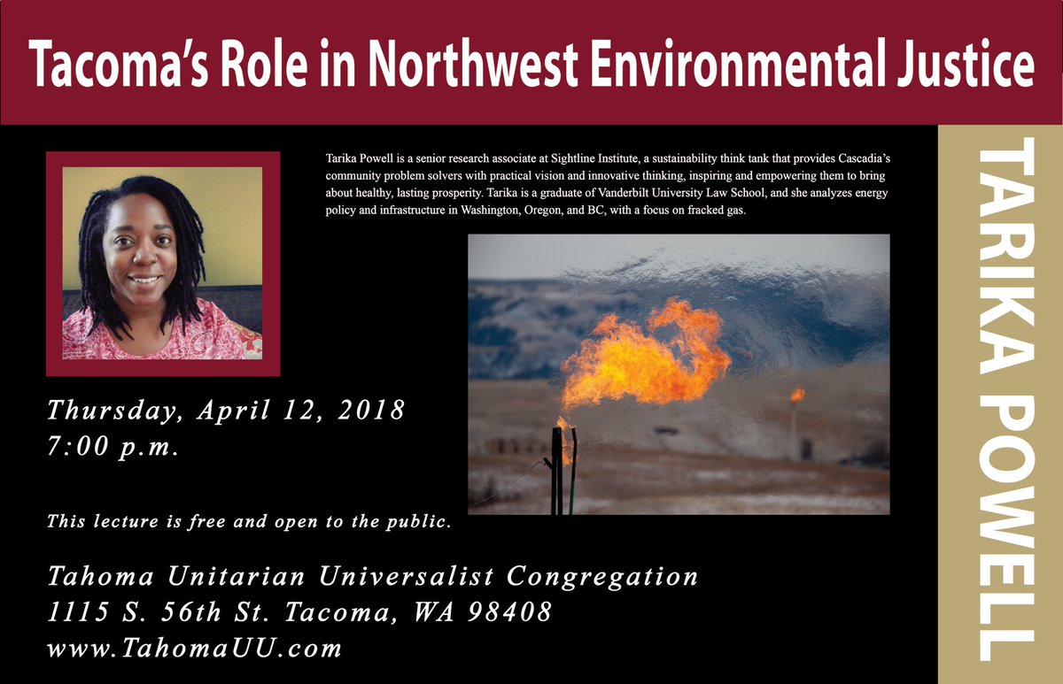 350Tacoma's tweet photo. Tarika Powell, Senior Research Associate at @Sightline Policy Institute, will lecture on "Tacoma’s Role in Northwest Environmental Justice,” Thurs, April 12, 7pm at Tahoma Unitarian Congregation. The event is free &amp; all are welcome! #EnvironmentalJustice https://t.co/YrkTPHi54e https://t.co/PvOxXSwn2j